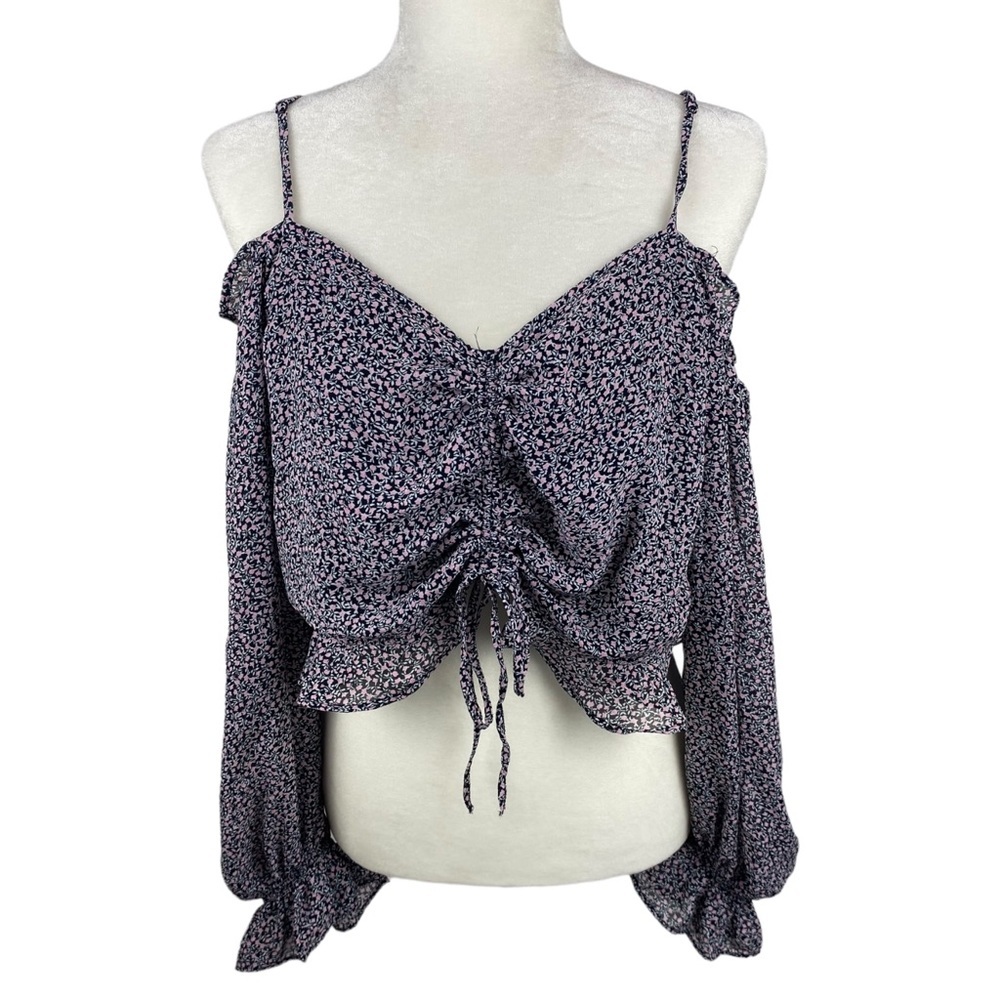 H&M divided ruffle crop top off the shoulder tank purple floral Large L ruching